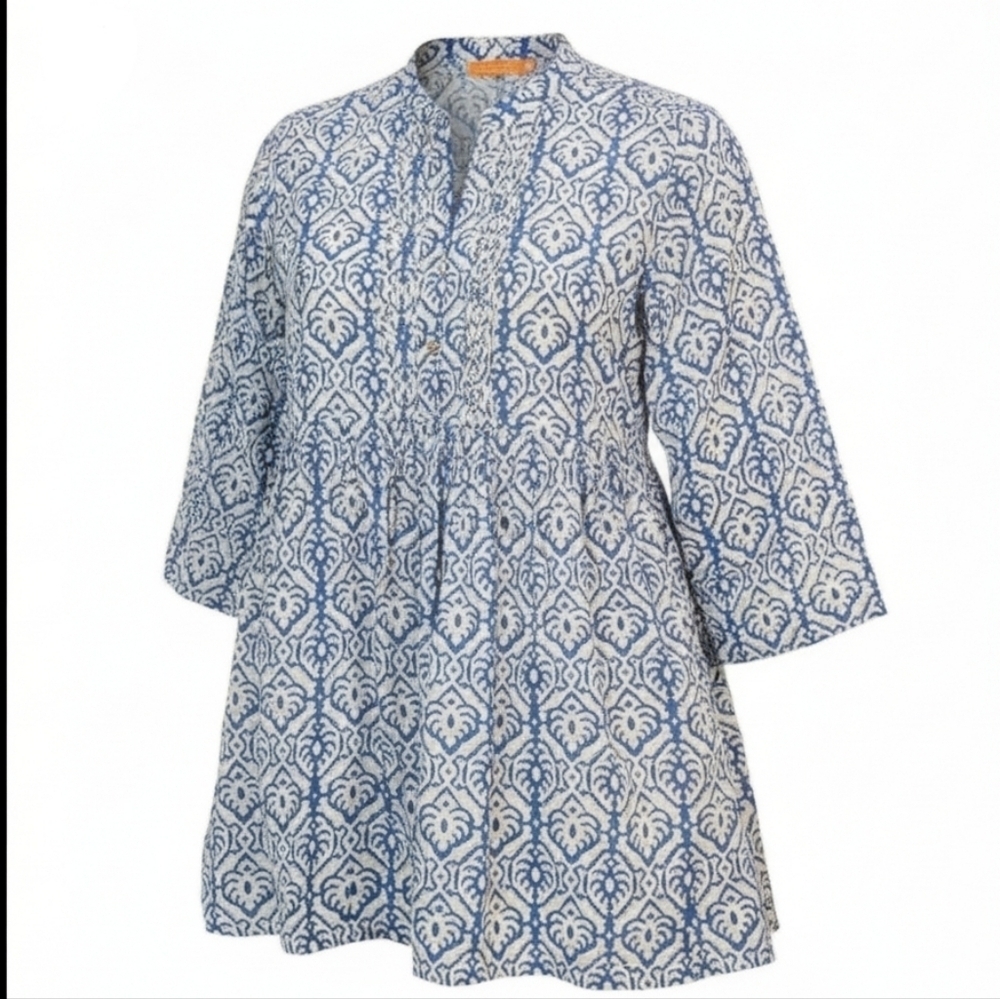 Oliphant Batik Tunic Blue White 100% Cotton Three-Quarter Sleeves - M